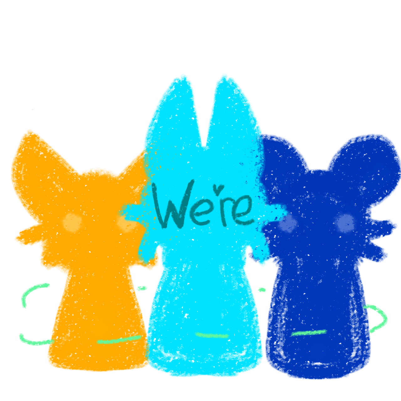  Three figures stand in a row, left to right they are Yellow, Teal and Dark blue, The word 'We're' is written on the teals ones face as dashed green line circles them.